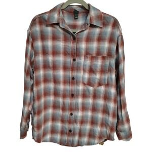 Wild Fable Flannel Shirt XS Oversized Brown Blue Plaid‎ Long Sleeve Button Up